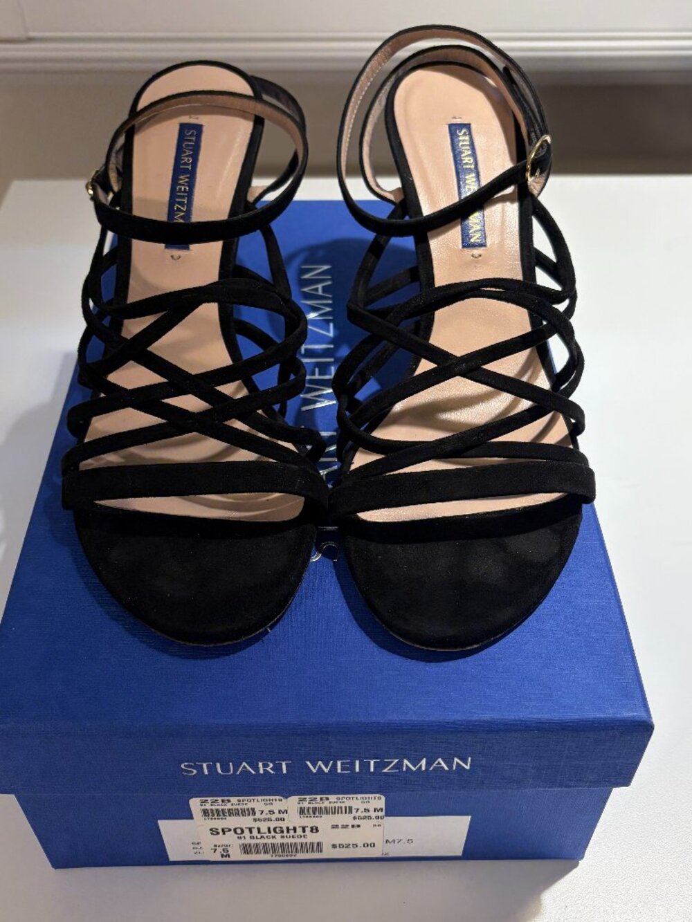 Stuart Weitzman Spotlight8 Black Suede Strappy Heels 7.5
